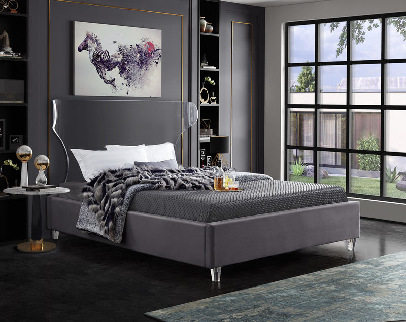 Ghost Grey Velvet Queen Bed